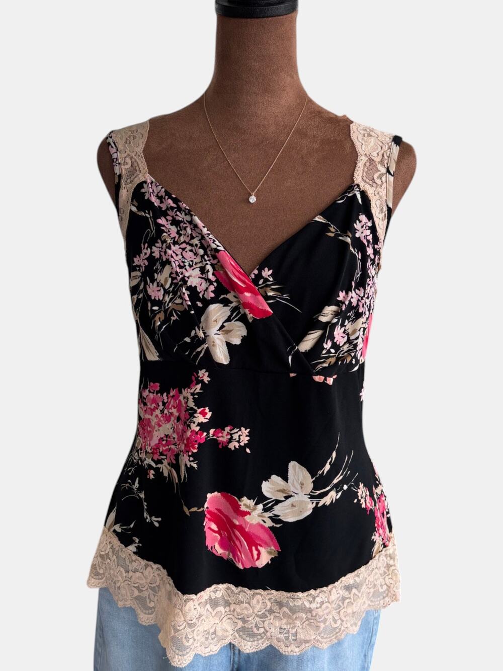 00s Vintage Y2K j.t.b. Floral Lace Trim Babydoll Top Summer Blouse Boho Large